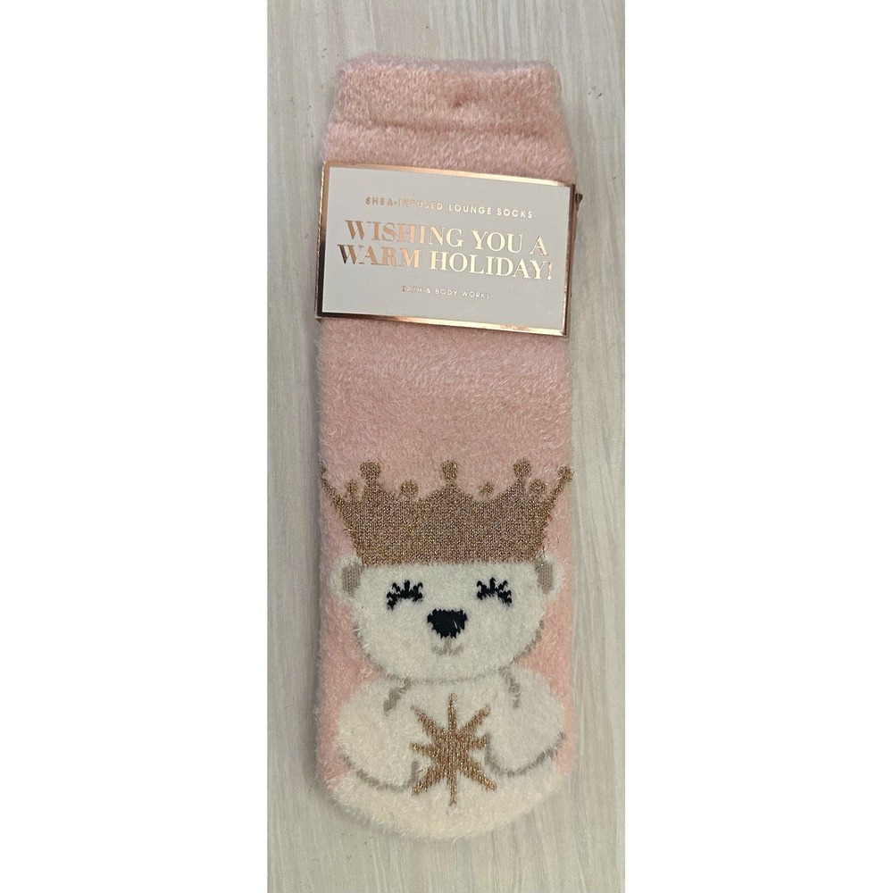 Bath & Body Works Women's Pink Polar Bear Holiday Non-Slip Lounge Socks One Size